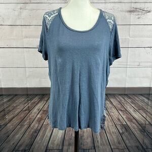 Katherine Barclay Shirt Top Womens XL Blue Linen Lace Dainty Boho Coastal Cruise